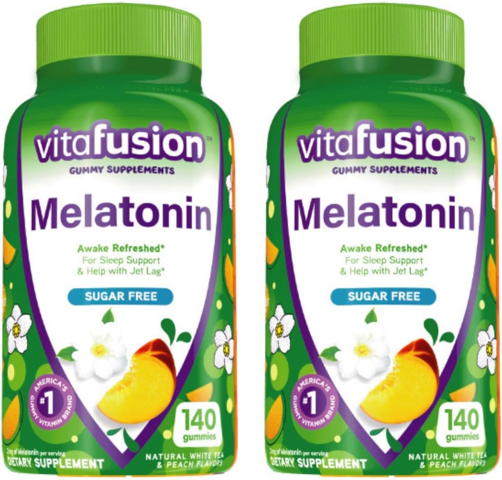 Vitafusion 3 mg Συμπληρώματα Gummy μελατονίνης, Awake Refreshed, Sleep Support & Jet Lag Aid, Sugar- Free, Dietary Supplement, Natural White Tea & Peach Flavors, 140 Count (Pack of 2)