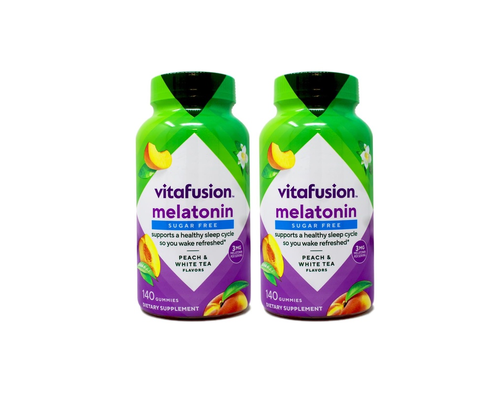 Vitafusion 3 mg Συμπληρώματα Gummy μελατονίνης, Awake Refreshed, Sleep Support & Jet Lag Aid, Sugar- Free, Dietary Supplement, Natural White Tea & Peach Flavors, 140 Count (Pack of 2)