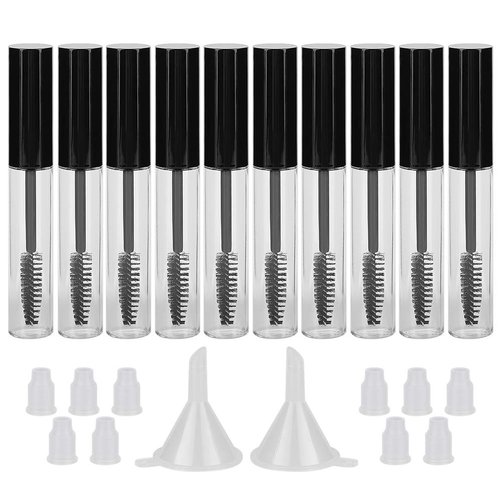 GTHER 10PCS 10ML Empty Mascara Tube Bottle With Eyelash Wand, Rubber Inserts & Funnels Set for Castor Oil/Growth Oil, DIY Cream Container With Cap, Black