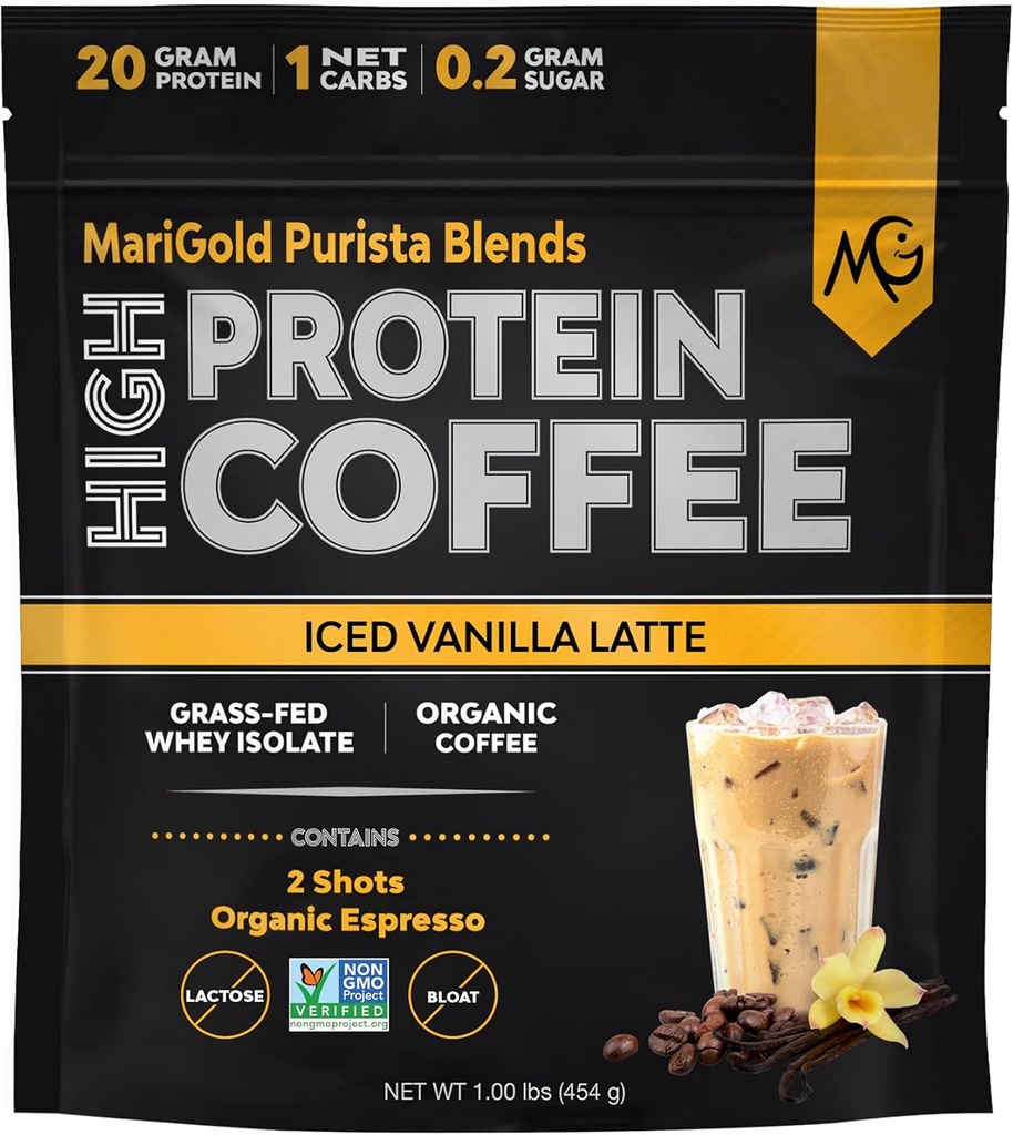 MariGold High Protein Coffee - Iced Vanilla Latte, 20g Grass-Fed Whey Protein Isolate, Energy & Processout Boost, 2 Shots Organic Espresso, Non-GMO, 1 Net Carb, 1 Lb Bag, 15 Services