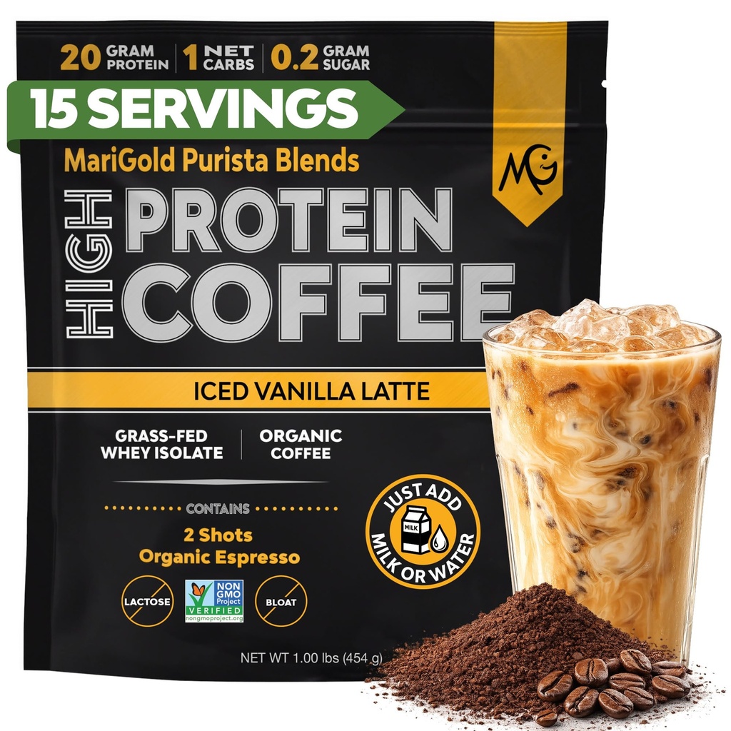 MariGold High Protein Coffee - Iced Vanilla Latte, 20g Grass-Fed Whey Protein Isolate, Energy & Workout Boost, 2 Shots Organic Espresso, Non-GMO, 1 Net Carb, 1 Lb Bag, 15 Servings