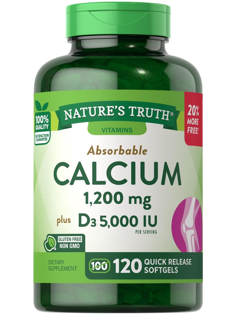 Nature's Truth Calcium 1200 mg Plus Vitamin D3 5000 IU Συμπληρώματα, 120 Count (Pack of 3)