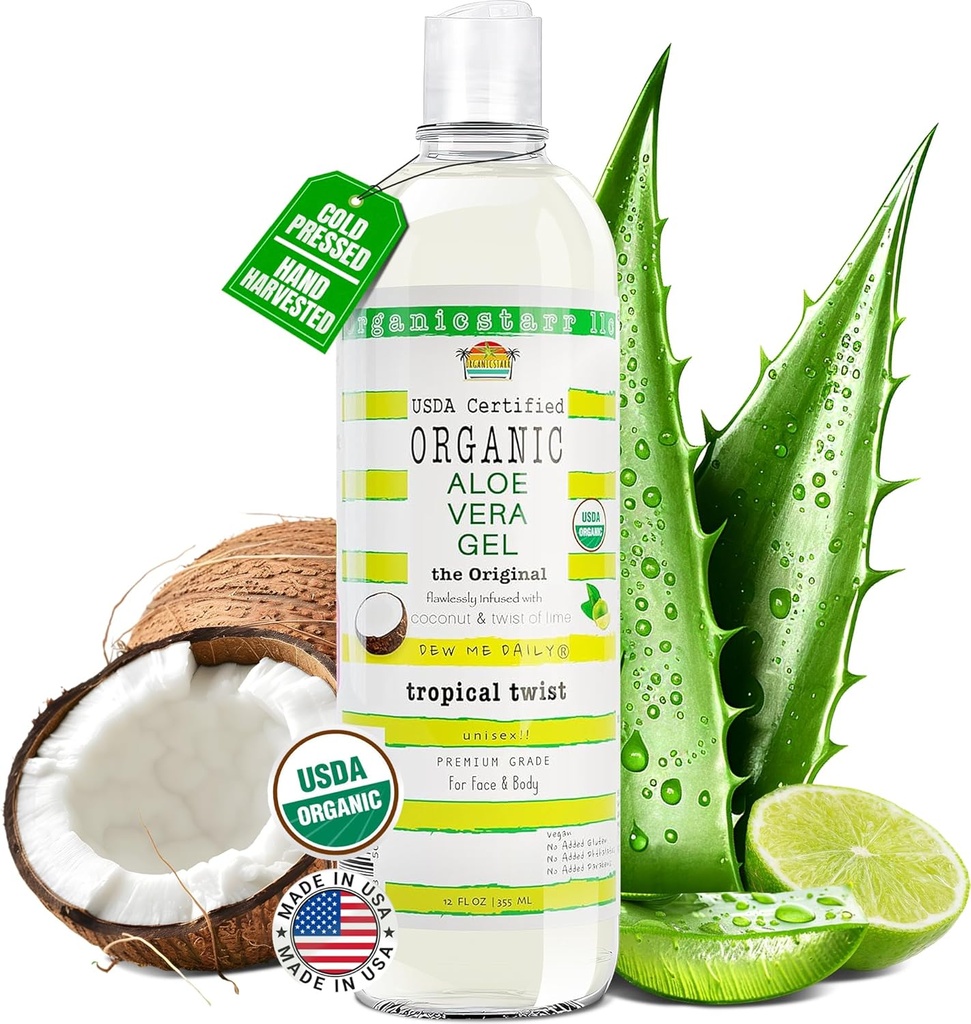 USDA Certified Organic Aloe Vera Gel 12 oz - 100% Pure, Cold Pressed, Hand Harvested, Infused with Coconut, Lime & Verbena Essential Oils, Chemical-Free - Skin & Hair Care, Made in USA