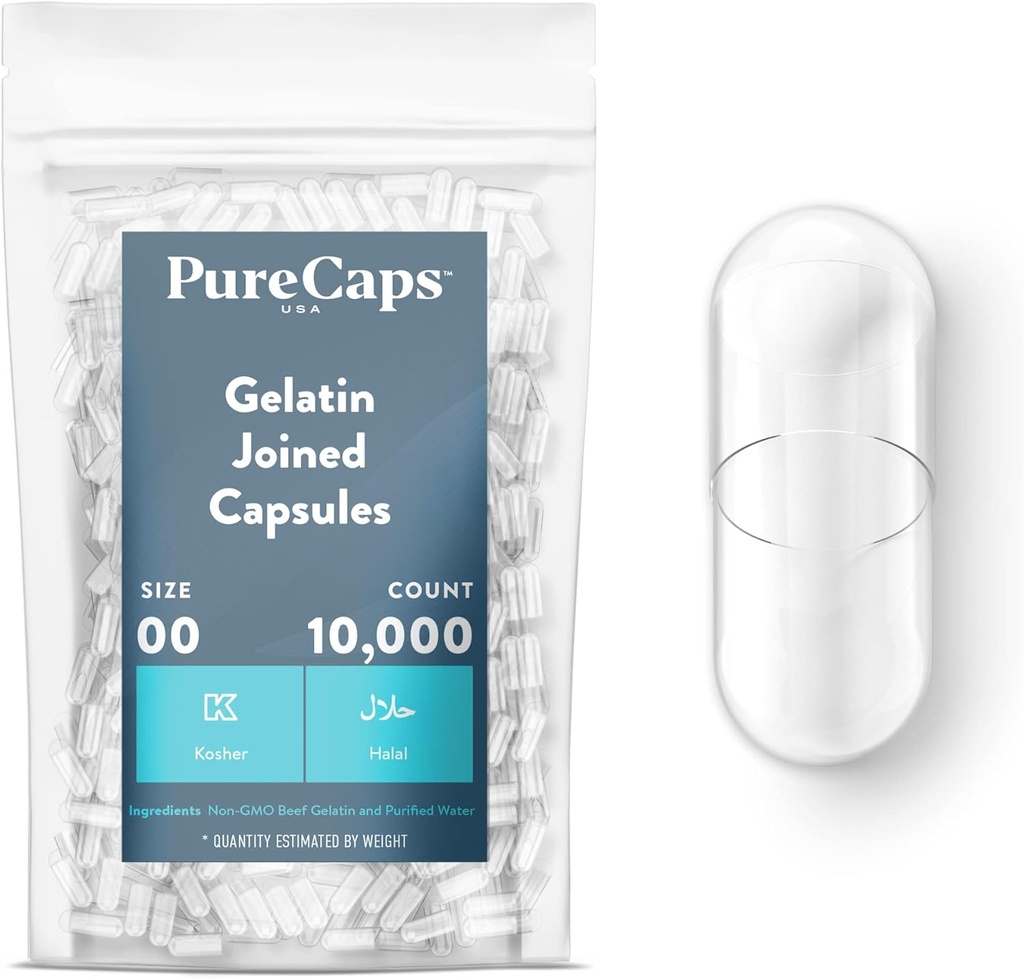 PureCaps USA - Empty Gelatin Capsules Size 00| 10,000 Joined Pills| Clear| Non-GMO Certified | SLS, Gluten, Preservative Free