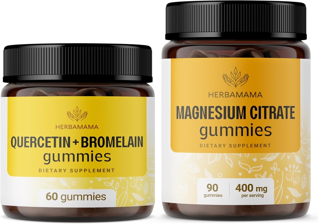 HERBAMAMA Quercetin και Magnesium Gummies Kit - Bundle των 800 mg Quercetin με Bromelain και 400 mg Μαγνήσιο Κιτρικό Gummies - Vegan, Μη ΓΤΟ, Ζελατίνη- Δωρεάν - 2 Συσκευασία