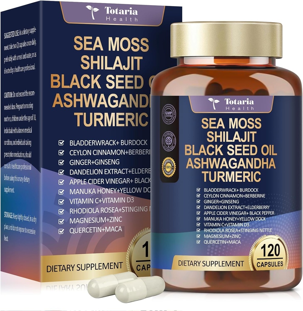 25-σε-1 Sea Moss Black Seed Oil Ashwagandha Ginger Shilajit συμπλήρωμα, Sea Moss κάψουλες υπέρ με Bladder Burdock Ceylon Cinnamon Berberine ACV Manuka VIT C & D3 για άνδρες γυναίκες, 120 Vegan Caps