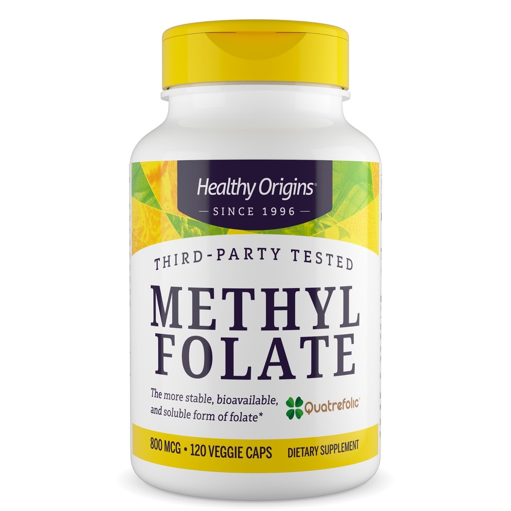 Υγιεινής προέλευσης φολικό μεθύλιο 800 mcg (Quatrefolic, μη ΓΤΟ, βιοδιαθέσιμο φολικό, χωρίς γλουτένη, υποστήριξη νευροδιαβιβαστών), 120 Veggie Caps
