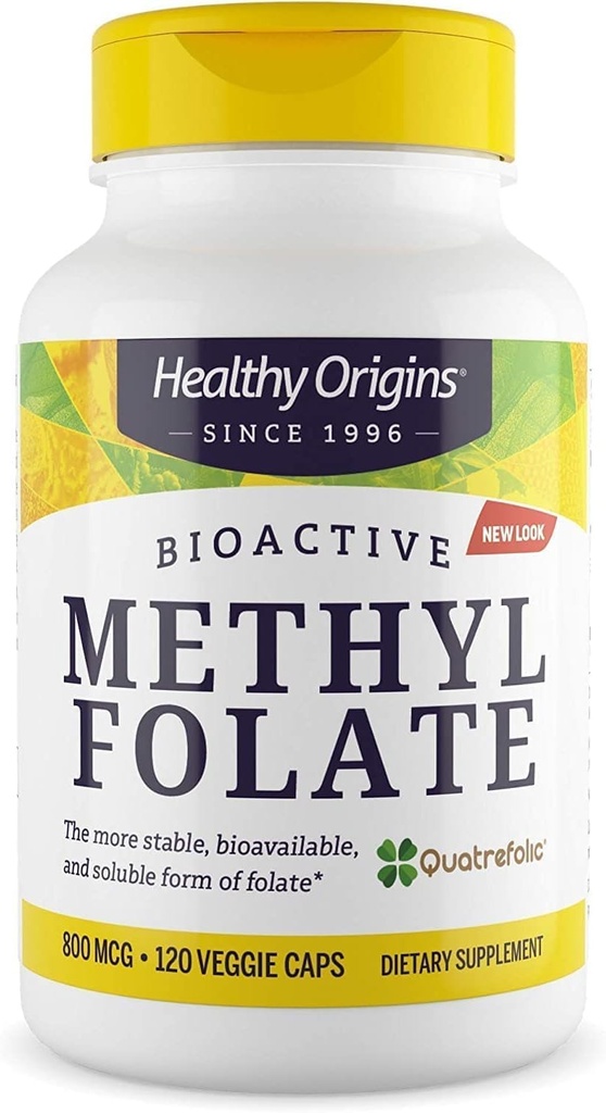 Υγιεινής προέλευσης φολικό μεθύλιο 800 mcg (Quatrefolic, μη ΓΤΟ, βιοδιαθέσιμο φολικό, χωρίς γλουτένη, υποστήριξη νευροδιαβιβαστών), 120 Veggie Caps