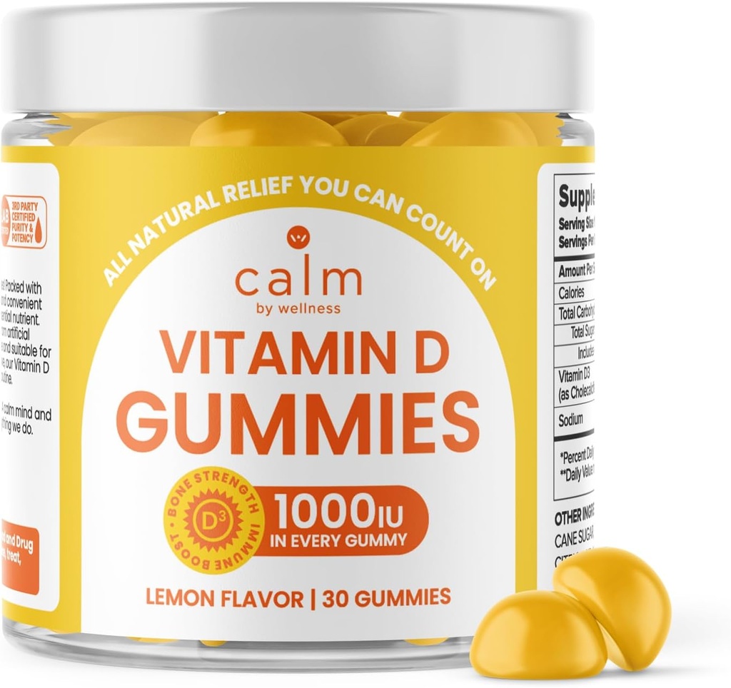 Ηρεμία από Wellness Βιταμίνη D Gummies για ενήλικες, Βιταμίνη D3 Gummy, Βιταμίνες για την υποστήριξη των οστών και του ανοσοποιητικού συστήματος, Λεμόνι Γεύση, 30 Count