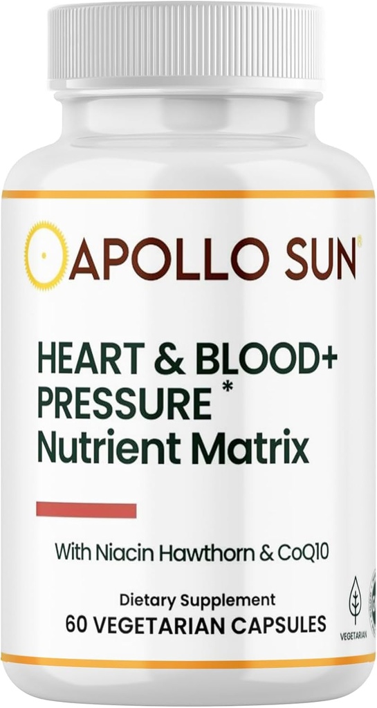 APOLLO SUN Heart and Blood+Pressure Supplement Nutrient Matrix with Hawthorn Extract, Niacin, και COQ10, 60 κάψουλες χορτοφάγων