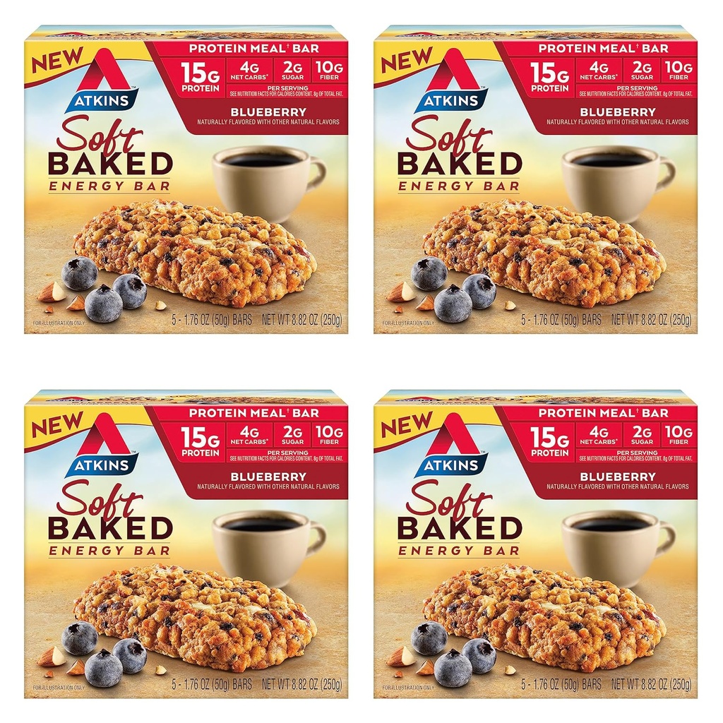 Atkins Blueberry Flavored Soft Baked Energy Bars, High in Protein Snack Bar, Low Sugar, High Fiber Snack, Protein Snack, 4 συσκευασίες (4 Bars Κάθε)