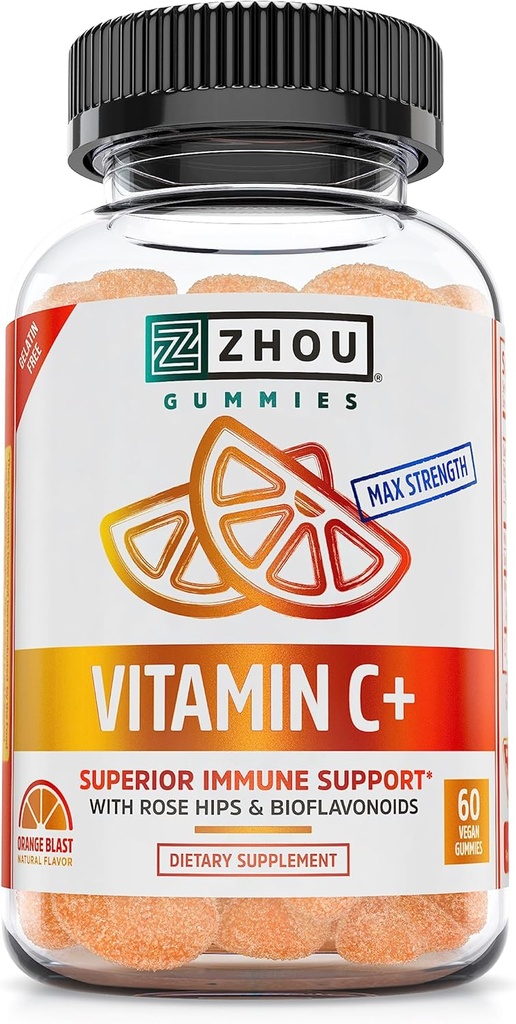 Zhou Vitamin C+ Gummies - Βιταμίνη C Gummies για Ενήλικες και Παιδιά, 270 mg ανά Gummy με Bioflavinoids και Acerola για Ανοσολογική Υποστήριξη - 60 Vegan Gummies