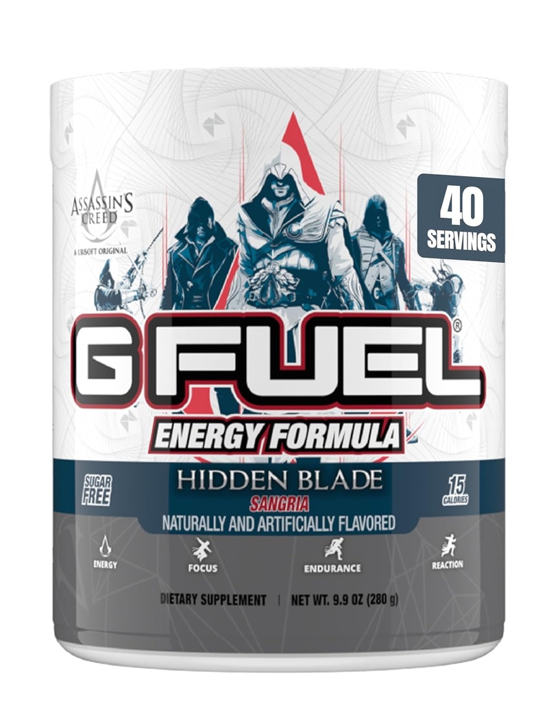 G Fuel Assassin's Creed Hidden Blade Energy Drink Powder, Pre Workout Caffeine Mix for Gaming, Sugar Free Focus Amino, Βιταμίνη + Αντιοξειδωτικά, 9.9oz (Sangria, 40 Servings)