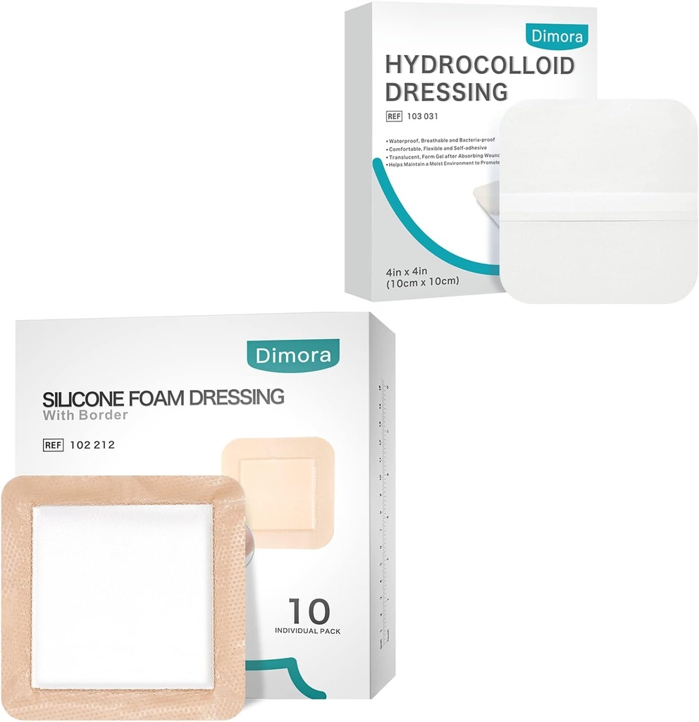 Dimora Hydrocolloid Dressing10 Pack 0.3mm + Αφρώδες σιλικόνης Dressing with Border Adhesive 6"x6" 10 Pack