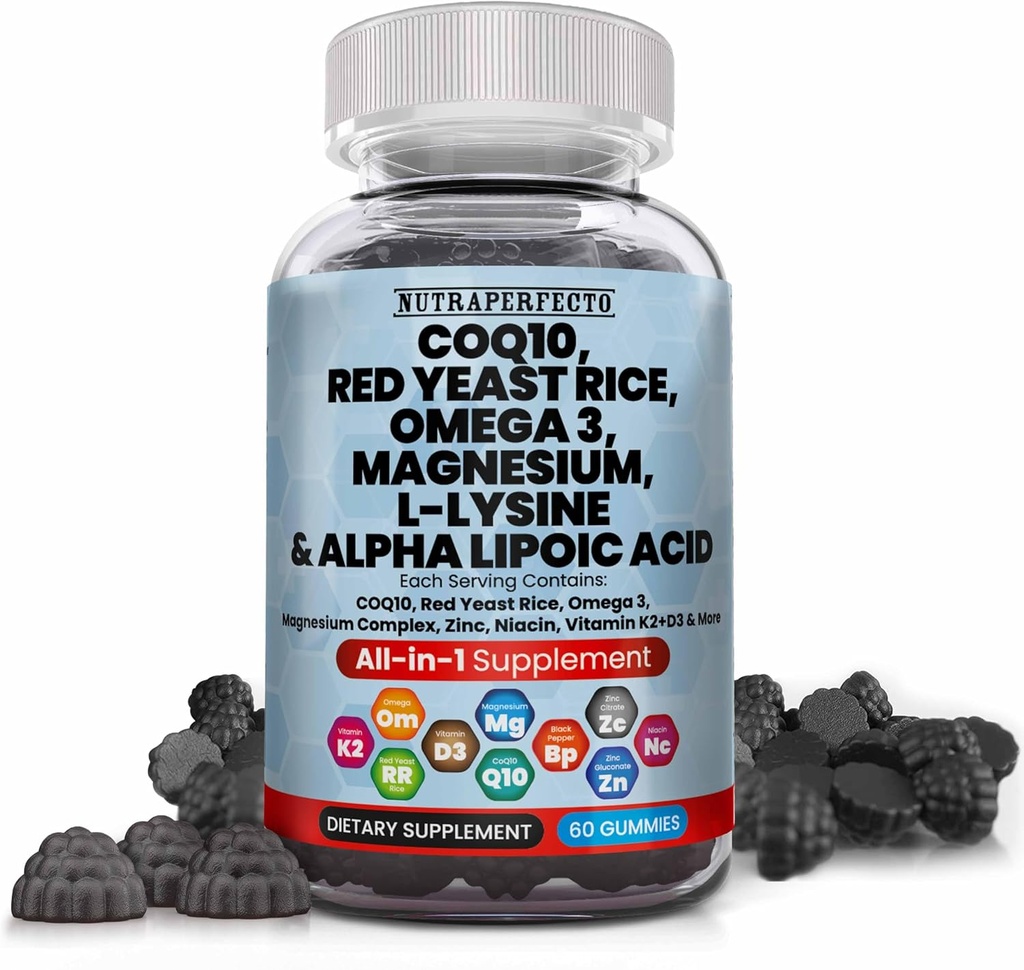 L-Lysine Coq10 Alpha Lipoic Acid Gummies Red Yeast Magnesium Gummy για ενήλικες και παιδιά - Amino Acid Συμπληρώματα Ωμέγα 3 Νιασίνη ψευδάργυρο Βιταμίνη K2 D3 B3 - Βιταμίνες για γυναίκες και άνδρες - 60 Gummy Bears