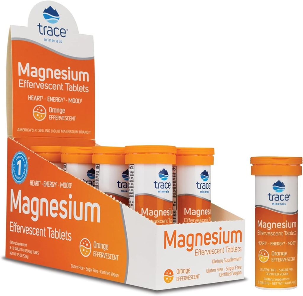 Trace Minerals Μαγνήσιο Αναβράζοντα - Οστό & Circulatory Health Support Supplement - Μαγνήσιο συμπλήρωμα για να βοηθήσει Καρδιαγγειακή Υγεία & Θετικό Outlook - Πορτοκαλί, 8 Containers (80 εξυπηρετούν)