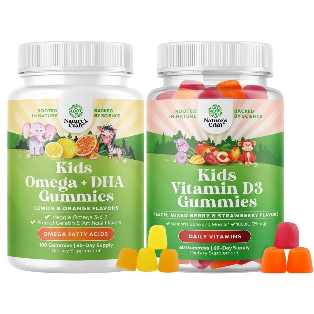 Πακέτο Omega DHA Gummies για τα παιδιά - Λιπαρά Οξέα Omega 3 6 9 - Βιταμίνη C για τον εγκέφαλο, την ανοσία & το όραμα και τη βιταμίνη D Gummies για τα παιδιά - 1000 IU ανά υπηρεσία - Ανοσοποιητική υποστήριξη μυϊκά δόντια & υγεία των οστών