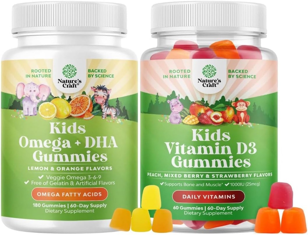 Πακέτο Omega DHA Gummies για τα παιδιά - Λιπαρά Οξέα Omega 3 6 9 - Βιταμίνη C για τον εγκέφαλο, την ανοσία & το όραμα και τη βιταμίνη D Gummies για τα παιδιά - 1000 IU ανά υπηρεσία - Ανοσοποιητική υποστήριξη μυϊκά δόντια & υγεία των οστών