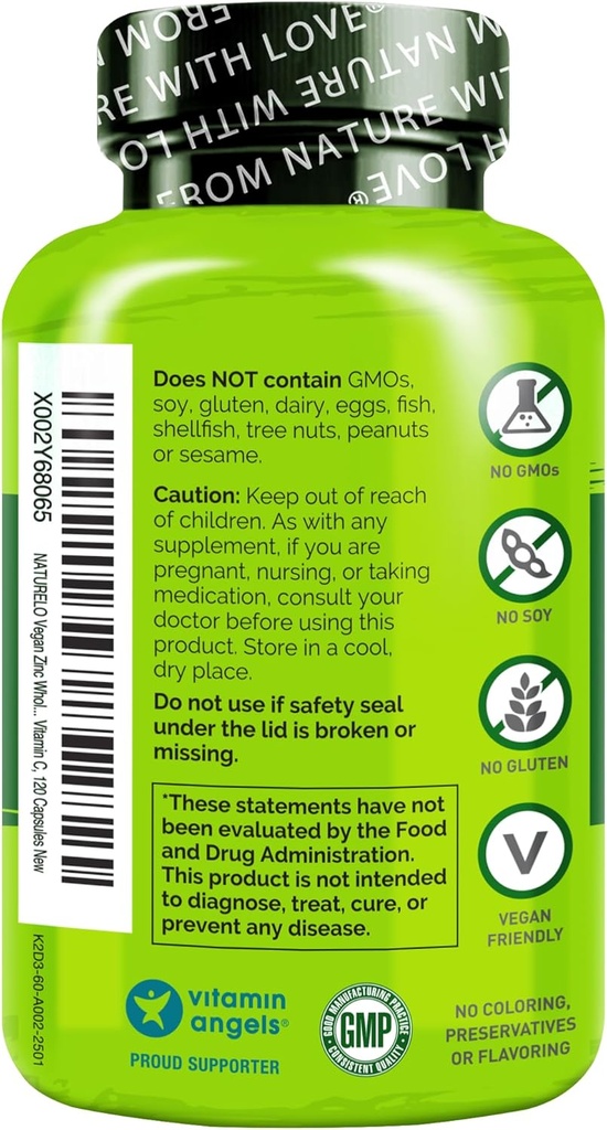 NATURELO Vegan Zinc Immune Support Capses - Ολόκληρο το σύμπλεγμα τροφίμων με βιταμίνη C για υγιές δέρμα, μαλλιά και νύχια - 120 κάψουλες