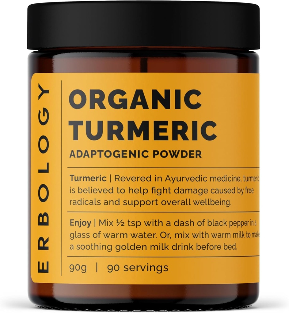 Erbology Organic Turmeric Powder 3.2 oz - 90 Μερίδες - 5,5% Κουρκουμίνη - Δεν Πρόσθετα ή Συντηρητικά - Με Βιώσιμη προέλευση κατευθείαν από τη φάρμα στην Ινδία - Vegan - GMO-Free