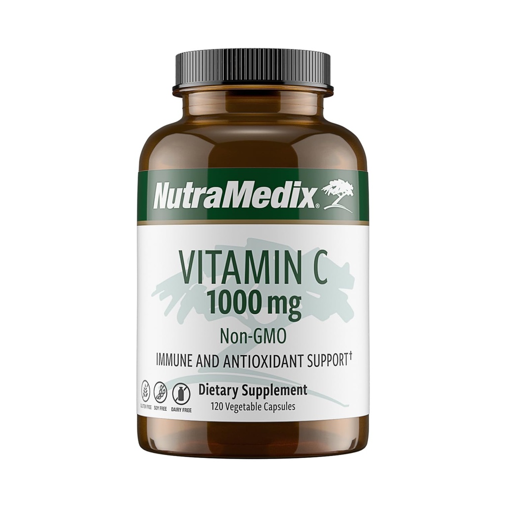 NutraMedix Vitamin C 1000mg - Συμπλήρωμα αντιοξειδωτικών για την ανοσοποιητική υποστήριξη & την υγεία της καρδιάς - Βιταμίνη C από ασκορβικό οξύ - Vegan, μη ΓΤΟ (120 κάψουλες χορτοφάγων)