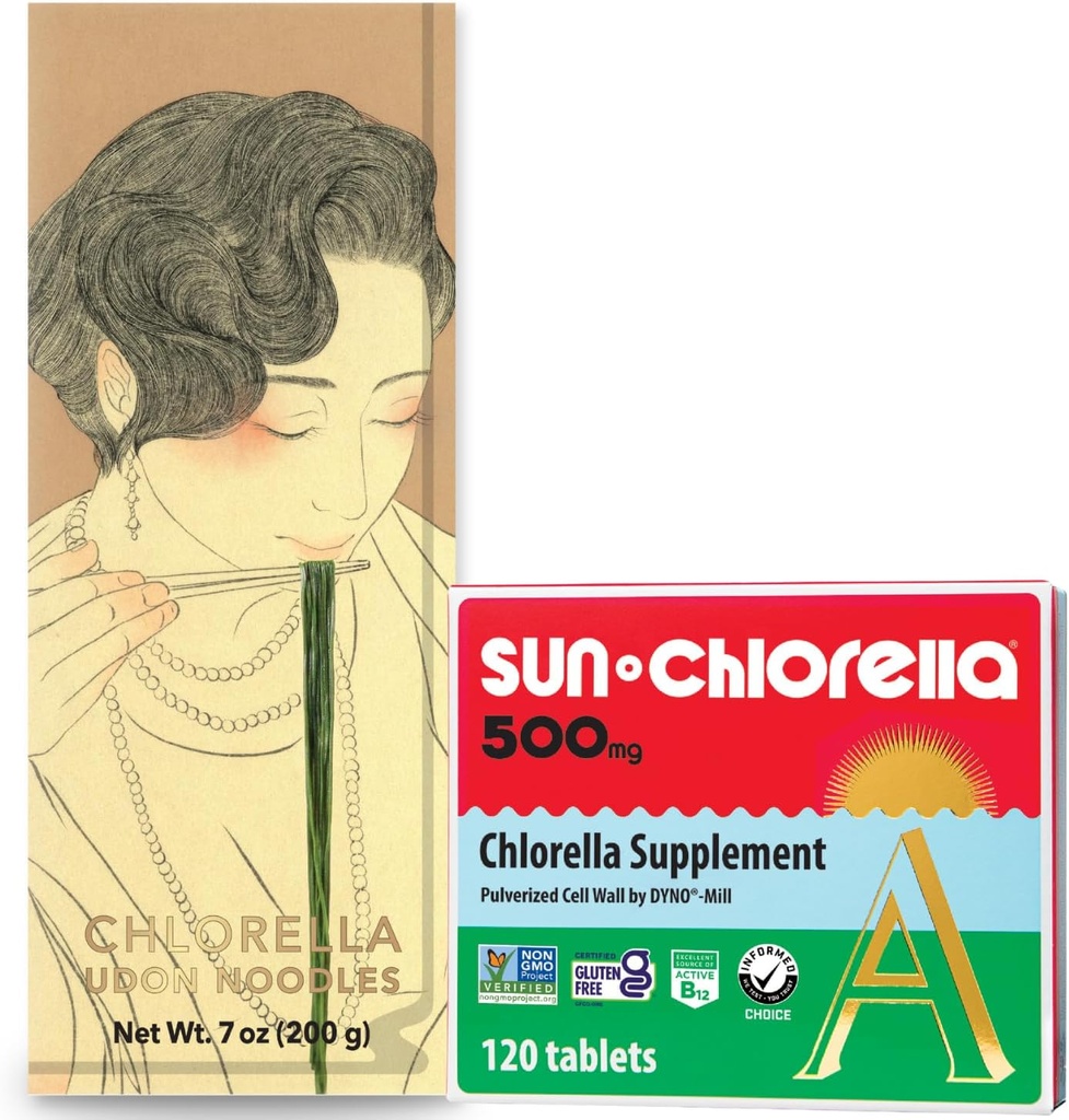 Sun Chlorella Green Goodness Bundle - 500mg Superfood, Non-GMO 120 Tablets + Udon Noodles Chlorella, Ready to Cook, Vegan, Vegetarian 7, 8 oz (4 Μερίδες)
