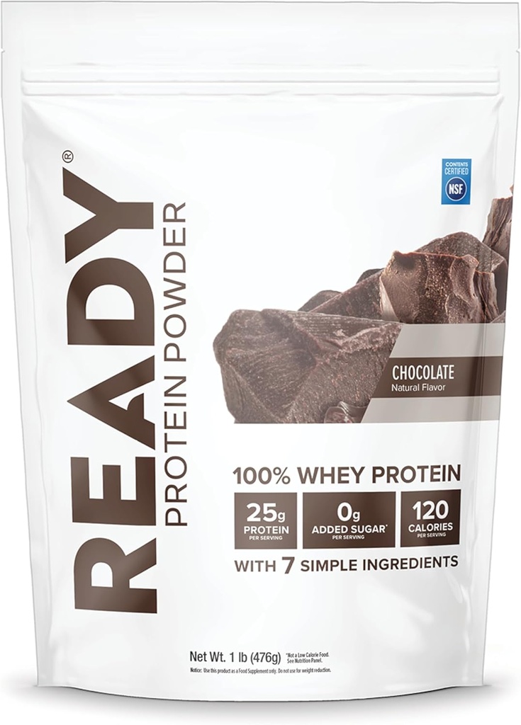 Ready® Protein Powder – 25g Πρωτεΐνη ορού γάλακτος, 120 θερμίδες, 0g Προστιθέμενη ζάχαρη – 7 απλά συστατικά – Δεν υπάρχουν τεχνητά πρόσθετα – Χωρίς γλουτένη, καθαρή & φυσική – Σοκολάτα (1 Pound Bag)