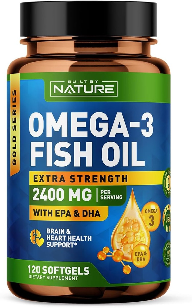 Φτιάχτηκε από τη Nature Omega 3 Fish Oil Soft Gels - 2400 mg Fish Oil, 1440 mg Omega 3, 864 mg EPA, 576 mg DHA - Extra Strength Brain & Heart Health Supplement - 120 Softgels