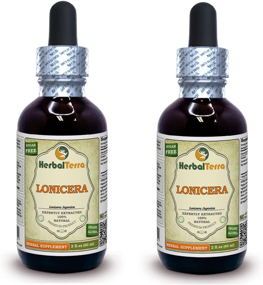 Lonicera (Lonicera Japonica) Tincture, Dried Flowers Liquid Extract (Brand name: HerbalTerra, Proudly made in USA) 2x2 fl.oz (2x60 ml)