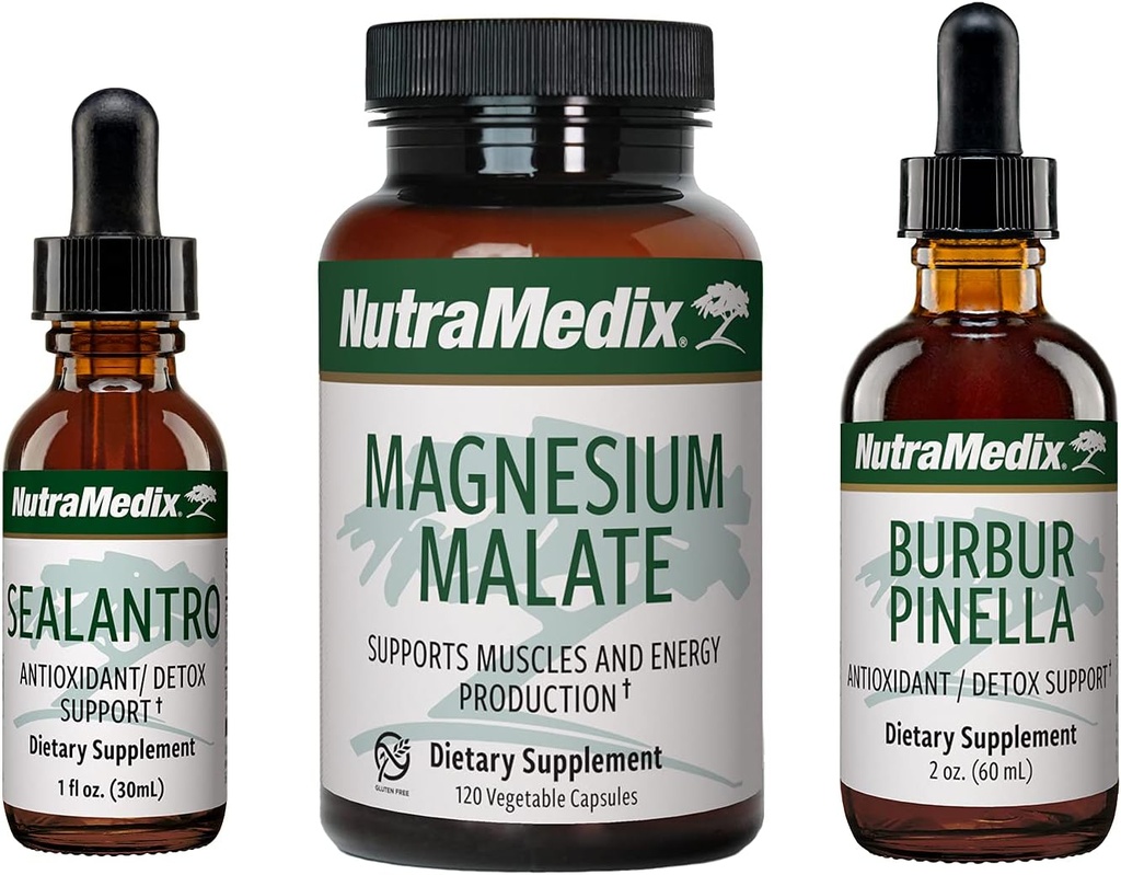 NutraMedix Detox Set - 3-Piece Kit με Sealantro, Burbur-Pinella & Magnesium Malate για τον καθαρισμό, Detox & Daily Wellness Support - Σταγόνες Υγρού Detox με βάση το φυτό & ημερήσιες κάψουλες