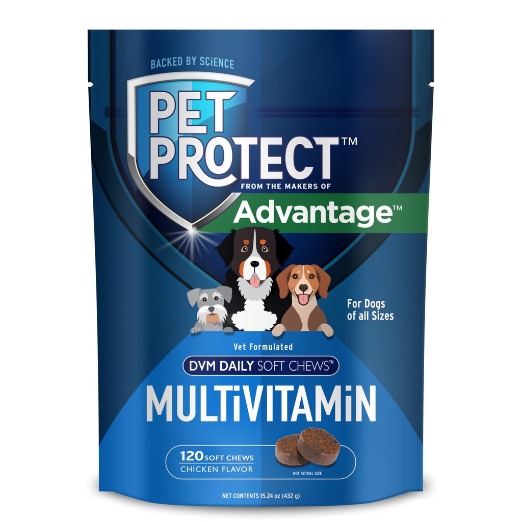 Pet Protect Dog Multivitamin, Vet-Σχηματισμένο DVM καθημερινά μαλακά μάσημα, υποστηρίζει σε εξέλιξη υγεία & ευεξία, κοτόπουλο-φλάβο (120 κόμη)