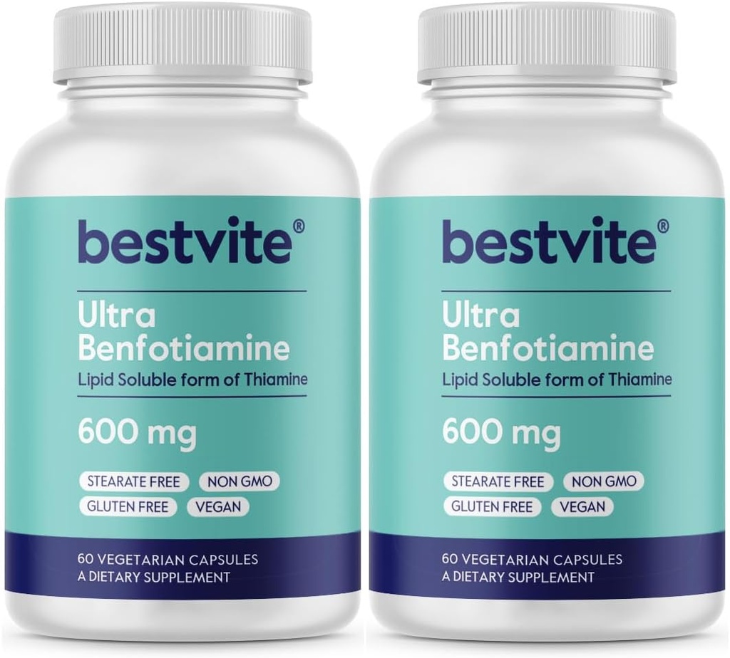 Ultra Benfotiamine 600mg ανά καψάκιο (120 κάψουλες χορτοφάγων) (60x2) Χωρίς Stearates - Όχι Dioxide σιλικόνης - Vegan - Μη ΓΤΟ - Χωρίς γλουτένη - Μέγιστη περιεκτικότητα Μπενφοτιαμίνη