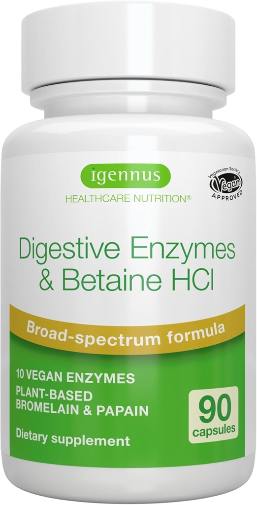 Igennus Fast Action Digestive Enzymes & Betaine HCl, 10 Broad Spectrum Enzymes με Protease, Lipase & Lactase, Papain & Bromelain, Φυτική Vegan, Καθαρή ετικέτα, για γυναίκες και άνδρες, 90 κάψουλες