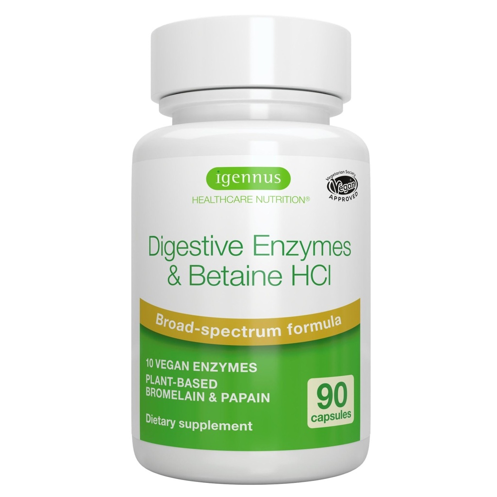 Igennus Fast Action Digestive Enzymes & Betaine HCl, 10 Broad Spectrum Enzymes με Protease, Lipase & Lactase, Papain & Bromelain, Φυτική Vegan, Καθαρή ετικέτα, για γυναίκες και άνδρες, 90 κάψουλες