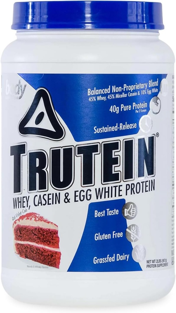 Body Nutrition Trutein High Protein Powder: 45% Whey, 45% Casein, 10% Egg White, Gluten-Free, Low Sodium, Grass Fed Whey Protein Powder, Gym Supplement & Breakfast Shake, Red Velvet Cake, 2lb
