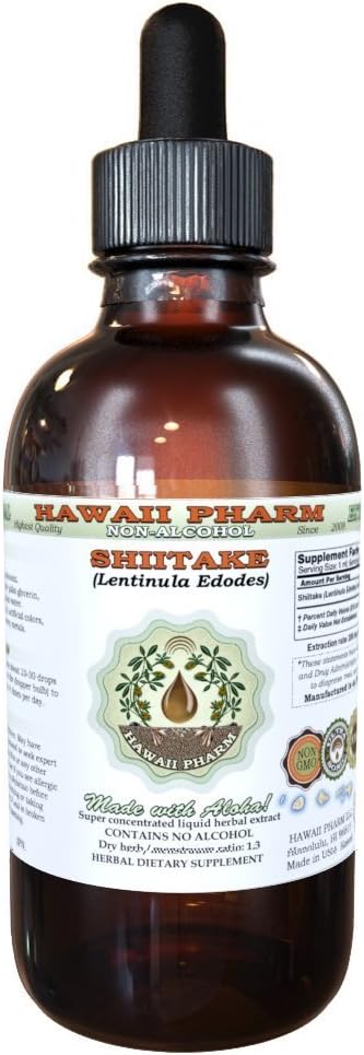 Shiitake Alcohol-Free Liquid Extract, Organic Shiitake (Lentinula Edodes) Dried Mushroom Glycerite Natural Herbal Supplement, Hawaii Pharm, USA 2 fl.oz