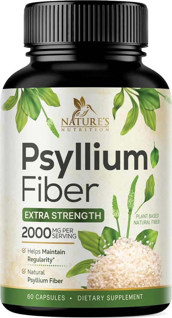 Psyllium Husk Powder Capsules 2000mg, Natural Daily Soluble & Insoluble Fiber Pills, Psyllium Husk Fiber Supplement Supports Digestion Colon Health & Regularity, Plant Based Supplement - 60 Capsules