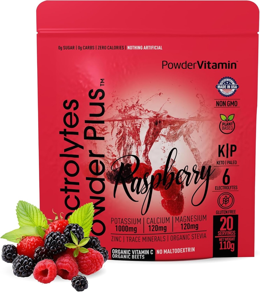 Σκόνη Vitamin Ηλεκτρολυτές σκόνη Plus (20 σερβίτσια) Βατόμουρο Ηλεκτρολυτικό σκόνης Zero θερμίδες Keto,0 Ζάχαρη, Όχι Μαλτοδεξτρίνη,1000mg κάλιο,120mg ασβέστιο,120mg μαγνήσιο, Pink Ιμαλαΐων Αλάτι
