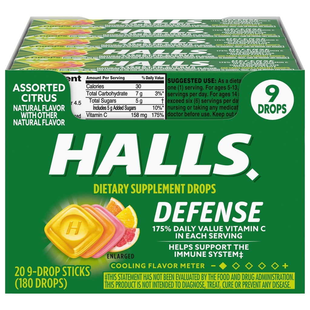 HALLS Άμυνα Ποικίλες σταγόνες Citrus βιταμίνη C, 20 Sticks των 9 σταγόνες (180 Σύνολο σταγόνες)