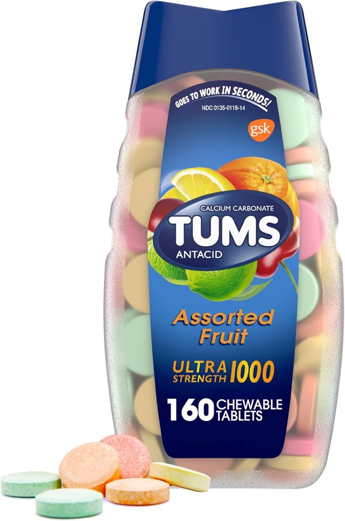 TUMS Ultra Strength Antacid Tablets για Μασώμενα Heartburn Relief και Acid Indigesion Relief, Ποικιλία Φρούτων - 160 Count