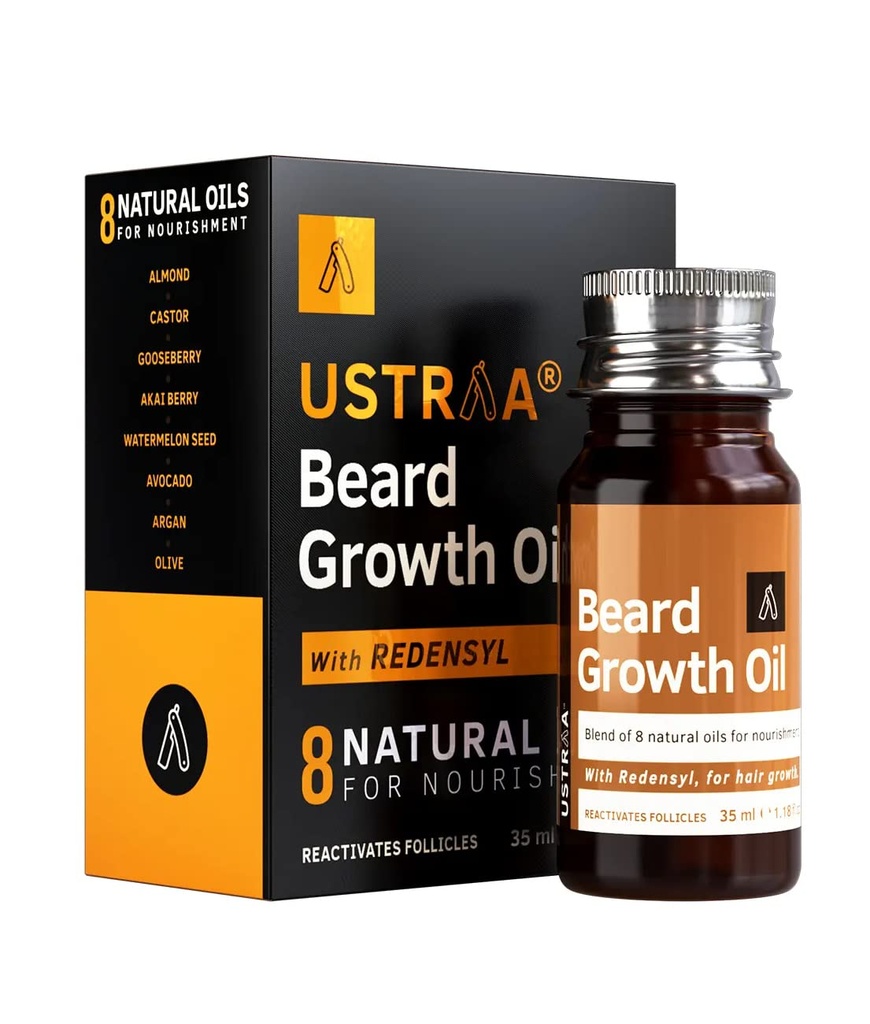 USTRAA Beard Growth Oil - 1.18 Oz - More Beard Growth, With Redensyl, 8 Natural Oils including Jojoba Oil, Vitamin E, Nourishment & Strengthening, No Harmful Chemicals