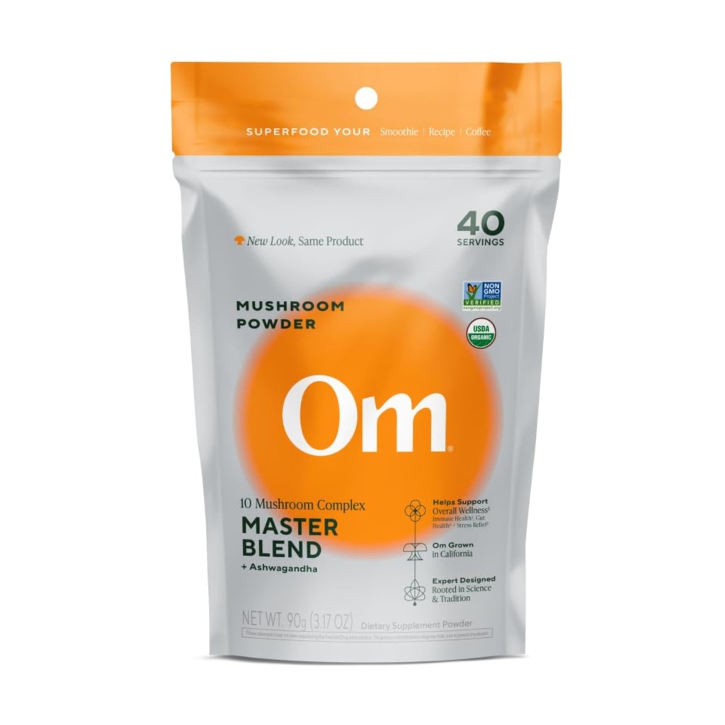 OM Master Blend Mushroom Powder – Βιολογικό συμπλήρωμα μανιταριών με 10 μανιτάρια και Ashwagandha - Υποστήριξη Ανοσία, Υγεία και Στρες ανακούφιση, 3,17 oz (40 υπηρεσίες)