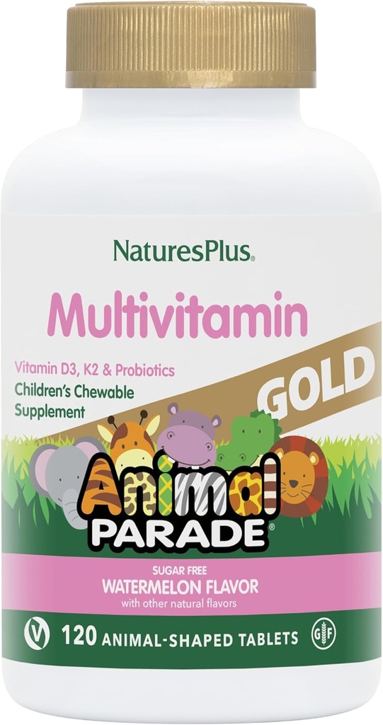 NaturesPlus Animal Parade Gold Multivitamin Children’s Chewables - Cartermelon Flavor - 120 Animal-Shaped Tablets, Pack of 2 - Βιταμίνη D3, K2 & Probiotics - Vegan, Χωρίς γλουτένη - 120 Σύνολο Μερίδες