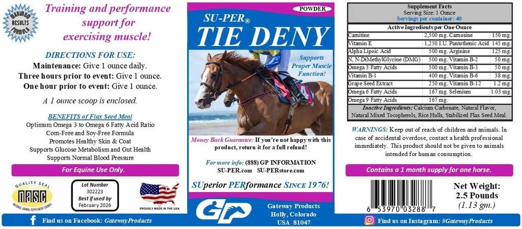 SU-PER Tie Deny Energy Horse Supplement - Υποστηρίζει τη σωστή λειτουργία μυών σε άλογα απόδοσης - Κανονική κυκλοφορία & πρόσληψη οξυγόνου, παραγωγή ενέργειας, μείωση της κόπωσης - 2,5 λίρα, (2 πακέτο)