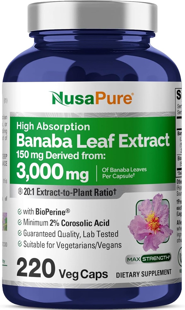 NusaPure Banaba Leaf 20:1 Extract, 150 mg Ισοδύναμο με 3.000 mg Veg Caps, 220 ημέρες προσφοράς (Non-GMO & Vegan) 2% Κοροσολικό οξύ