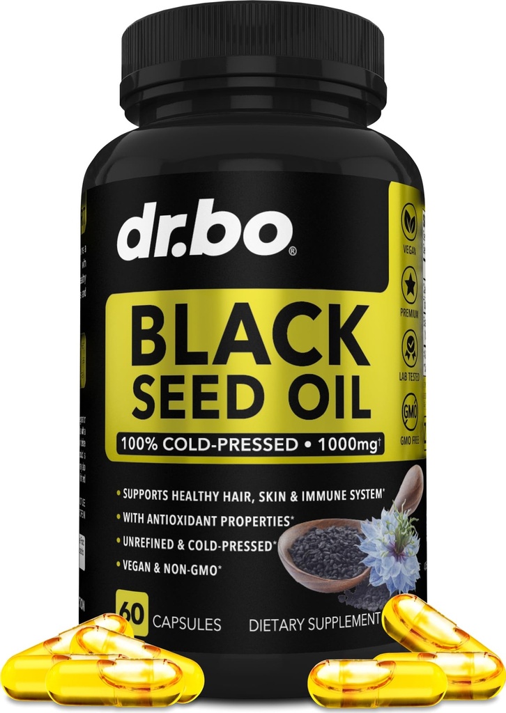 Black Seed Oil Capses Vegan - Pure Cold Pressed Black Seed Oil Nigella Sativa Cumin for Skin & Hair Health, 500mg, 1000mg ανά 2 κάψουλα που σερβίρει Blackseed Liquid Capses Hanal - 60 χάπια Softgels