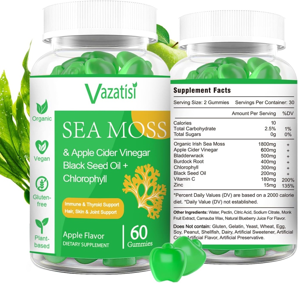 2 Πακέτο Βιολογικό Ιρλανδική Θάλασσα Moss Gummies με Μαύρο Έλαιο Σπέρματος, Χλωροφύλλη - Thyroid, Mood, Ενέργεια & Ανοσολογική Υποστήριξη - Γυναίκες & Άνδρες, Ενήλικα & Παιδιά - 120 Vegan Gummies
