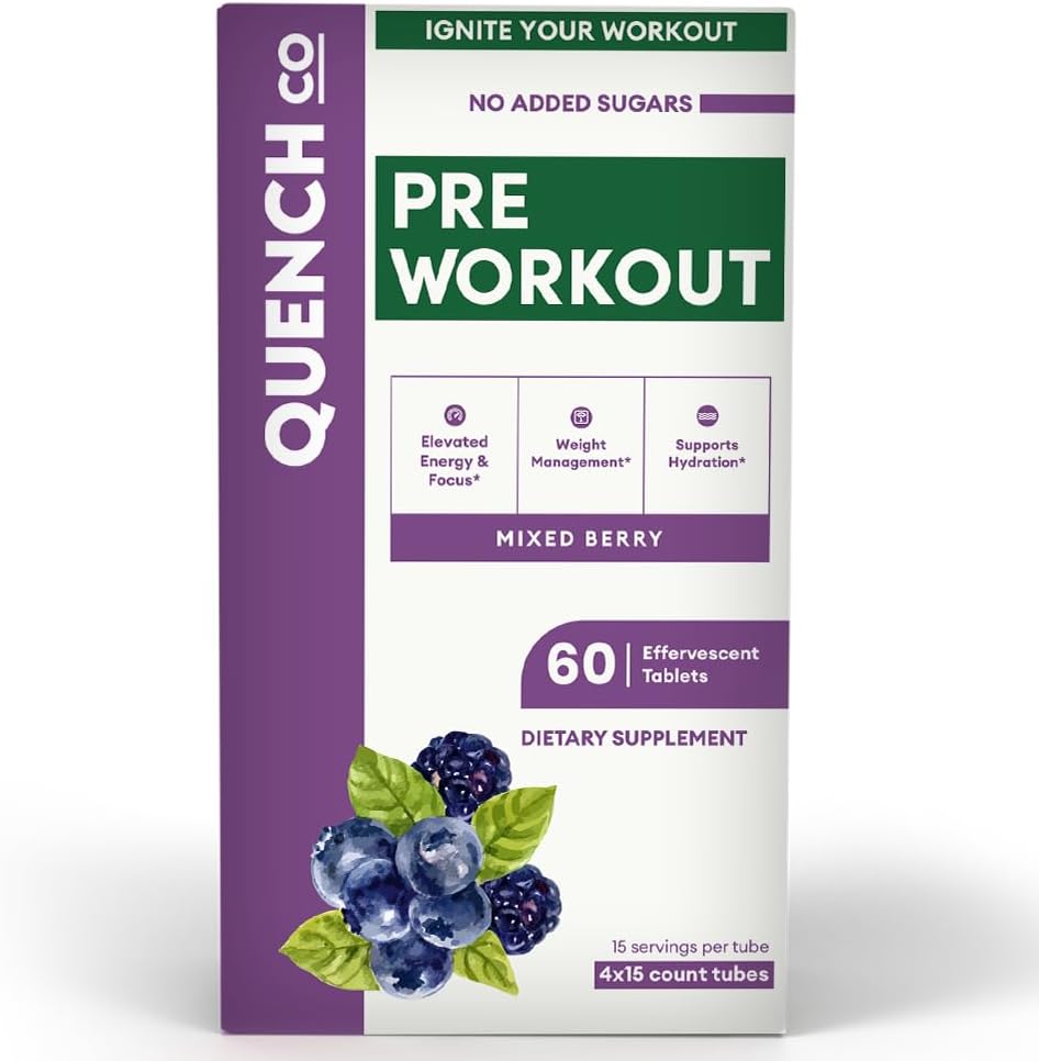 Quench Pre Workout for Men & Women Effervescent Tablets - Boosts Energy & Focus with L-Arginine, Natural Caffeine - Supports Weight Management & Hydration - Vegan, Keto, Soy-Free 60 Count