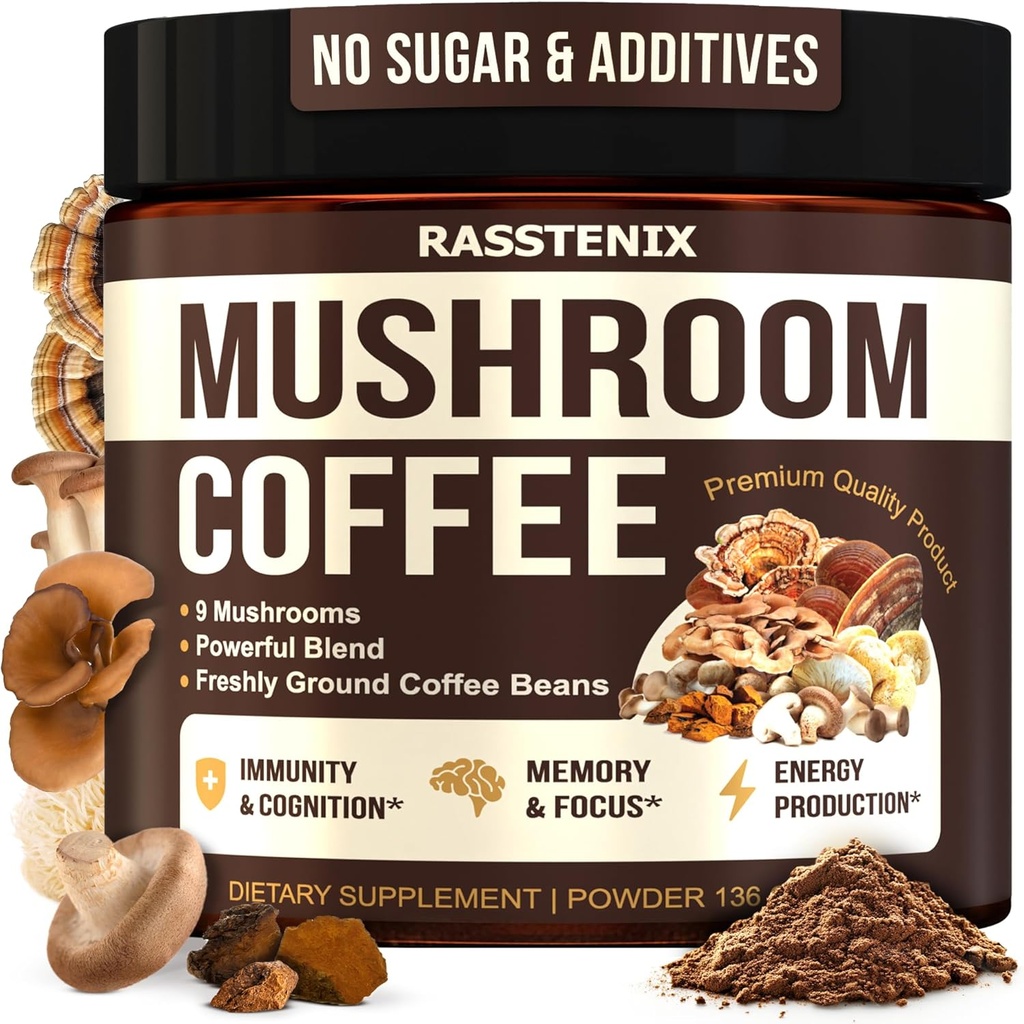 Mushroom Coffee Organic - 9 Mushroom Adaptogen Mix - Lion's Mane, Chaga, Turkey Tail, Reishi, Shiitake - Άμεση Μανιτάρια καφέ για την υγεία των ούρων, την ενέργεια, τη διανοητική σαφήνεια - 60 εξυπηρετήσεις