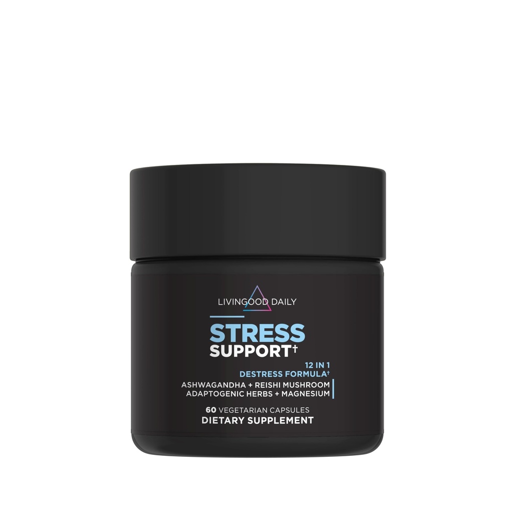 Livingood Daily Stress Support, 12-σε-1 συμπλήρωμα με Ashwagandha, Reishi Mushroom, Βιταμίνη Β6, Adaptogenic Herbs & Magnesium, Υποστηρίζει Mood & Calm, Gluten Free, Vegan, 60 κάψουλες χορτοφάγων
